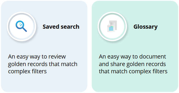 Saved search, an easy way to review golden records that match complex filters, beside Glossary, an easy way to document and share them