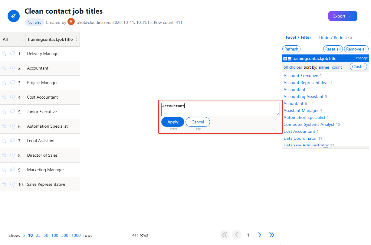 A text facet on trainingcontact.jobTitle listing values with counts, with the edit box open to change a facet value to Accountant