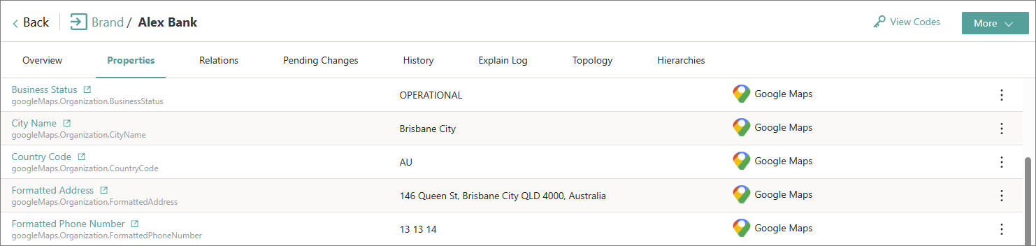 Properties page of the Alex Bank golden record showing Google Maps properties such as Business Status, City Name and Formatted Address