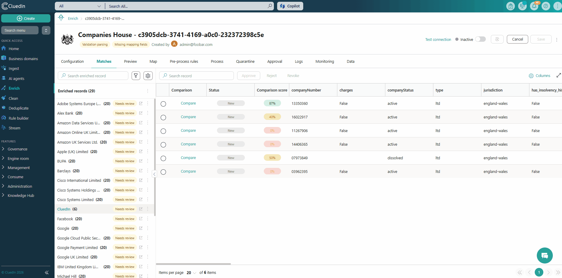 Animation: opening the More menu next to Enriched records and processing all matches, after which the records and candidates show Rejected