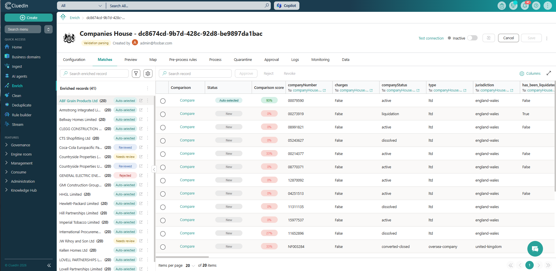 Matches tab of a Companies House enricher: Enriched records list with statuses on the left, and the matches table with Compare links, Status and Comparison score for the selected record