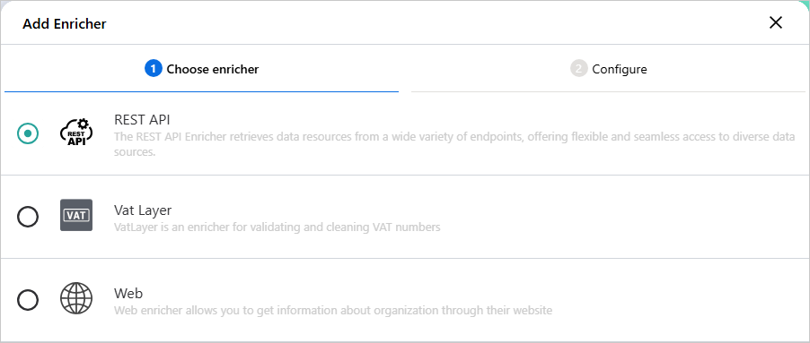 Add Enricher dialog on the Choose enricher tab, with REST API selected above Vat Layer and Web