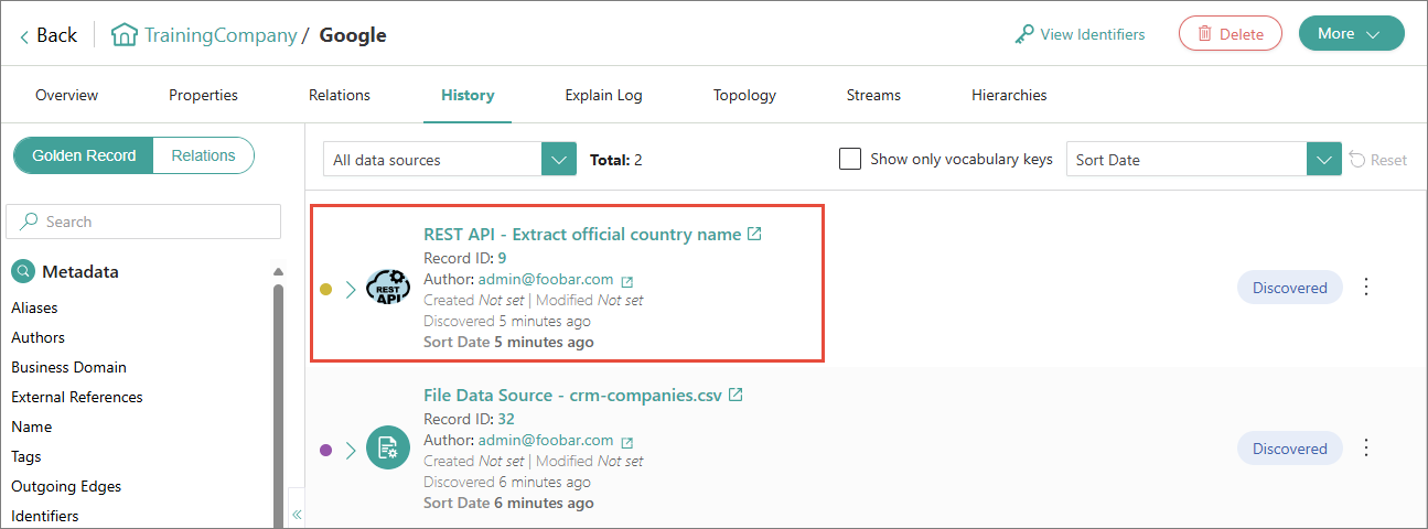 History page of the Google golden record with the REST API data part highlighted above the File Data Source data part