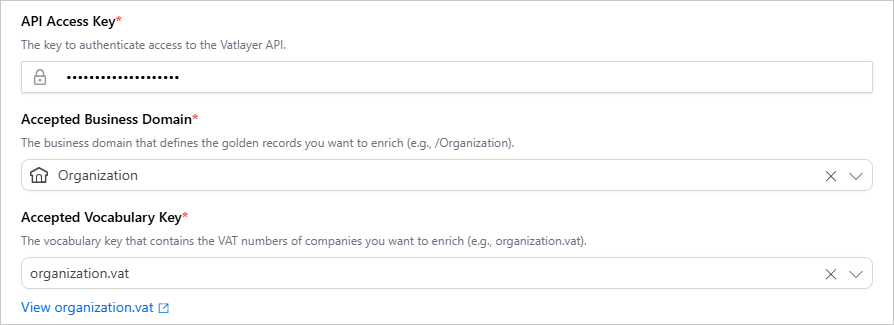 Vatlayer enricher settings: API Access Key, Accepted Business Domain Organization, and Accepted Vocabulary Key organization.vat