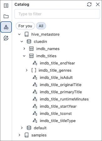 Databricks Catalog panel showing hive_metastore, cluedin database, and the imdb_titles table with its imdb_title columns