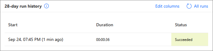 The 28-day run history section listing one flow run with its start time, duration and Succeeded status